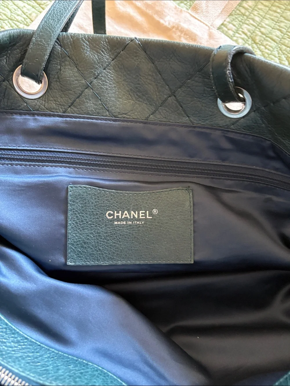 Authentic CHANEL Quilted Leather Tote in Deep Green with Silver Hardware
